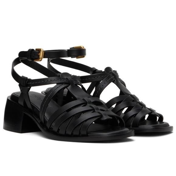 See by Chloe Wraparound Strappy Block Heels Sandals Leather Black Size 39.5